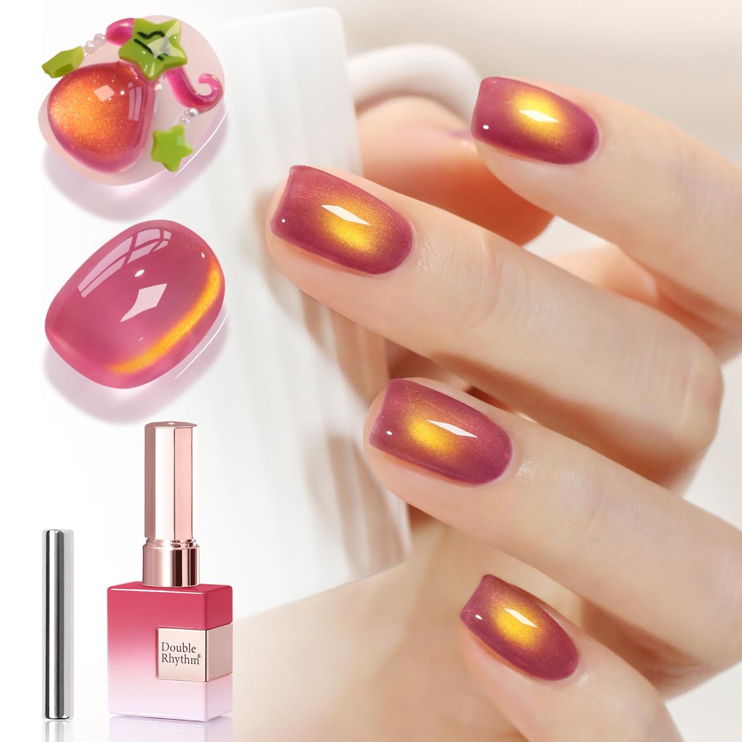 Double Rhythm 0.5 OZ Cat Eye Gel Polish with Magnet 15ML Holographic Glitter Shimmer Translucent Jelly Color Magnetic Nail Polish Salon DIY at Home (Sunny Red Purple-MC1252)