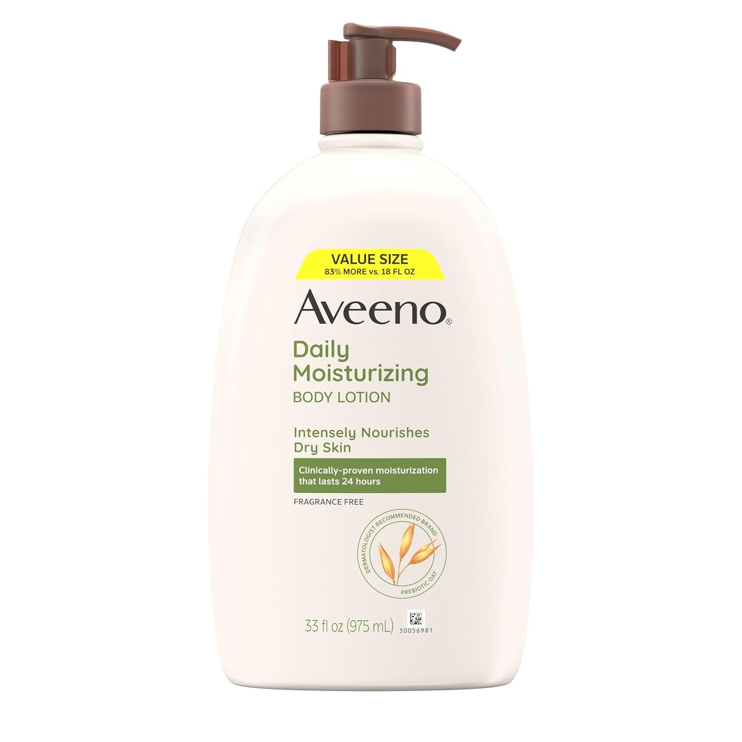 Aveeno Daily Moisturizing Body Lotion with Soothing Prebiotic Oat, Gentle Lotion Nourishes Dry Skin, Paraben-, Dye- & Fragrance-Free, Non-Greasy & Non-Comedogenic, Value Size, 33 fl. oz