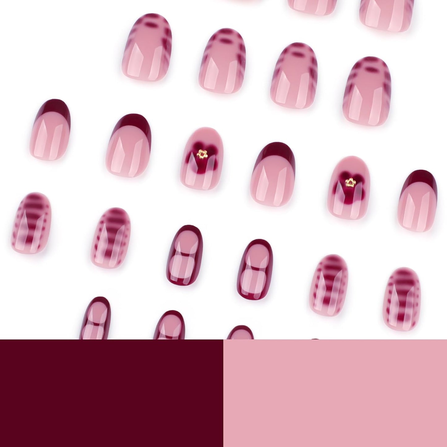 Red Press On Nails Short Oval, Summer Fall Fake Nails with Red French Tips and Elegant Petal Accent Designs, Glossy Gel Finish Acrylic Nails, Thick Reusable Glue On Nails Kit for Women, 24 Pcs