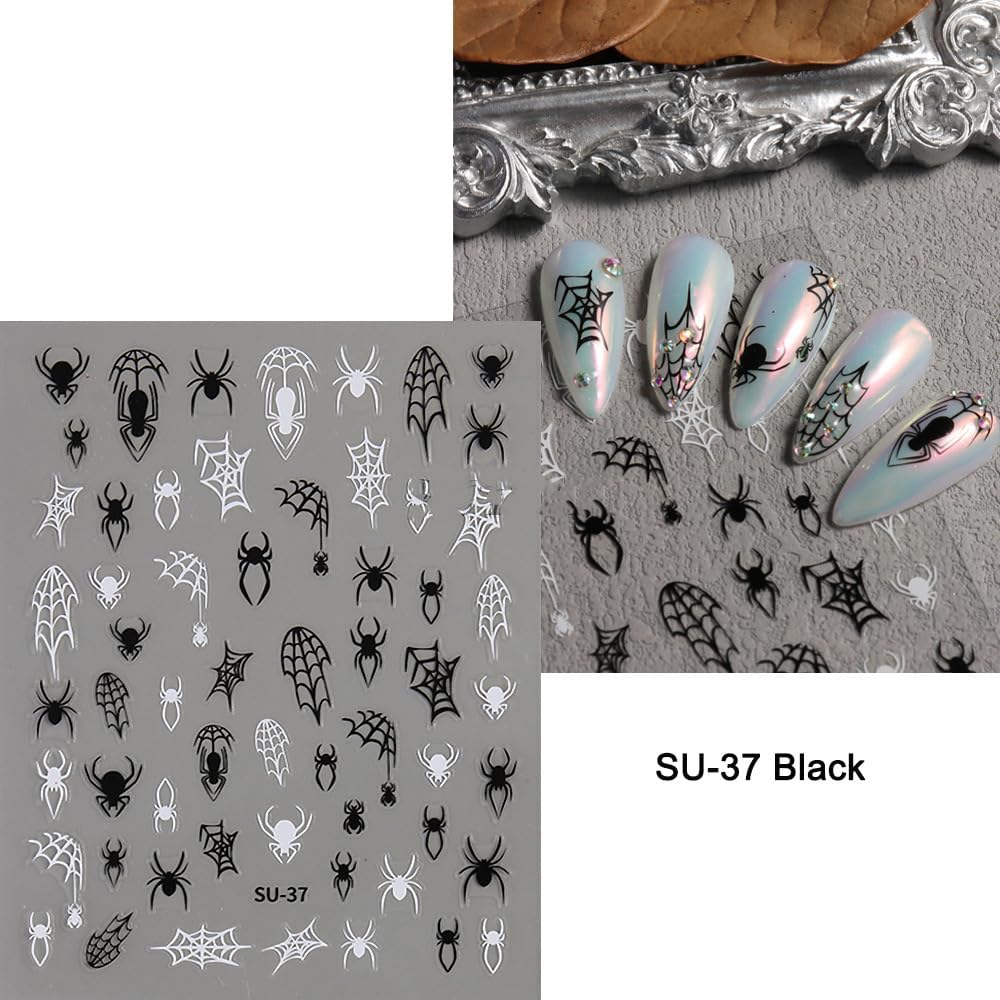 Halloween Nails Stickers Black Spider Nails Sticker 3D Embossed White Web Self Adhesive Sticker Nail Decals Black White Red Glitter Nail Art Decals Halloween Decals for Nail DIY Manicure 6Sheet