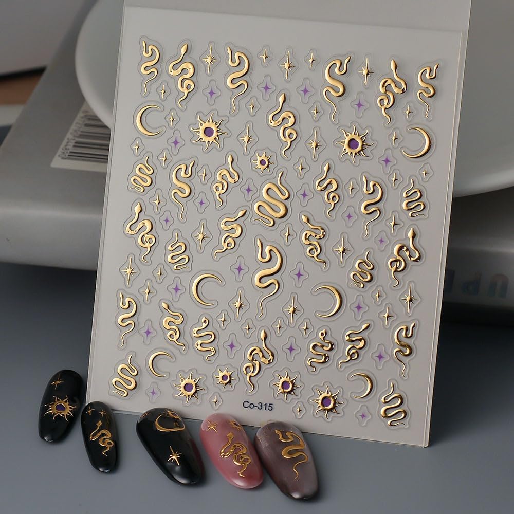 Gold Snake Nail Art Stickers 5D Embossed Moon Star Nail Stickers, Self-Adhesive Durable Nail Art Decals for Women Girls, Nail Wraps Decoration Manicure for DIY Acrylic Nail Accessories