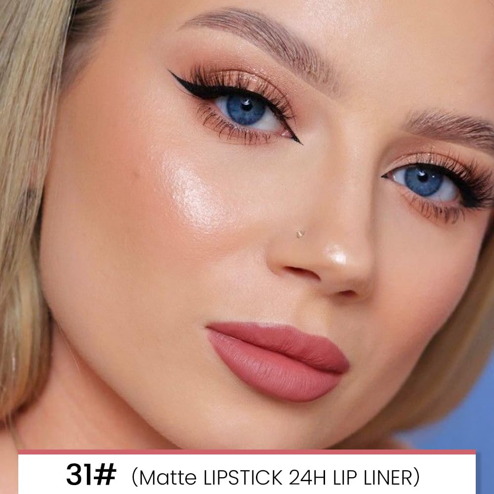 evpct 1Pcs Matte Lip Liner and Lipstick Combo Set Kit for Women, Magic Neutral Lipsticks 24 Hours Original Lipstick and Lips Liner Pencil Stain Gloss Makeup Long Lasting Waterproof, 31# MORE BUFF