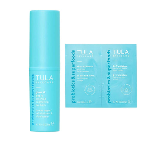 TULA Skin Care Eye Balm Glow & Get It + 24-7 Hydrating Day Night Cream & Purifying Cleanser Dual Packette - Dark Circle Treatment, Instantly Hydrate and Brighten Undereye Area, 0.35 oz.