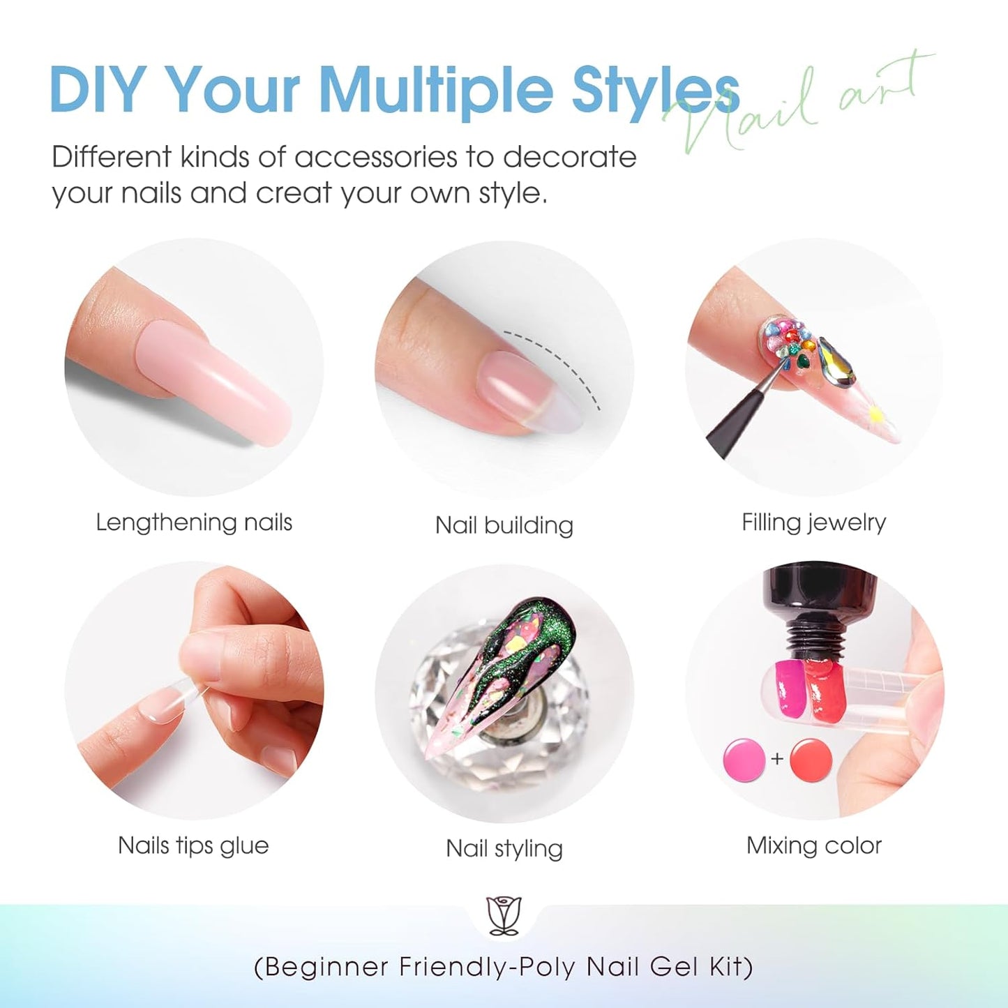 ROSALIND 12PCS Poly Nail Gel Kit with Mini Nail Lamp Nude Brown Cherry Pink Poly Extension Gel Kits