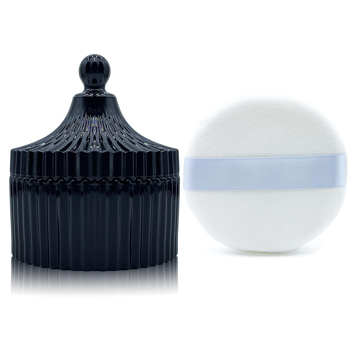 Ultra Soft Powder Puff and Container 3.3" High Density Velvet Dusting Washable Reusable Powder Puff,Body Powder Puff and Glass Jar Holder Loose Powder Box with Puff for Face Makeup(Black)