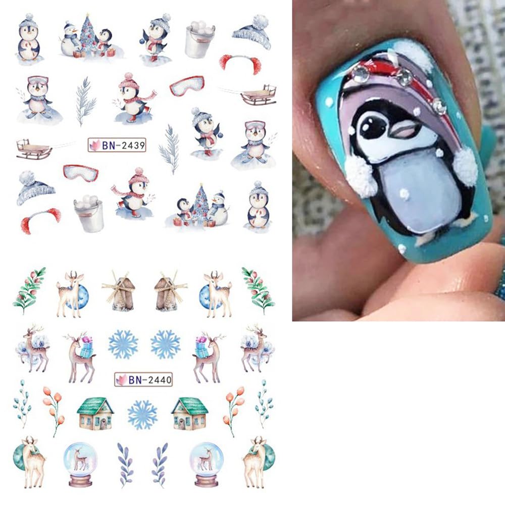 Snowflake Nail Art Stickers Decals Christmas Decorations - 12 Sheets Winter Snowman Elk Penguin Bear Design Water Transfer Slider Foils Supplies for Women DIY Acrylic