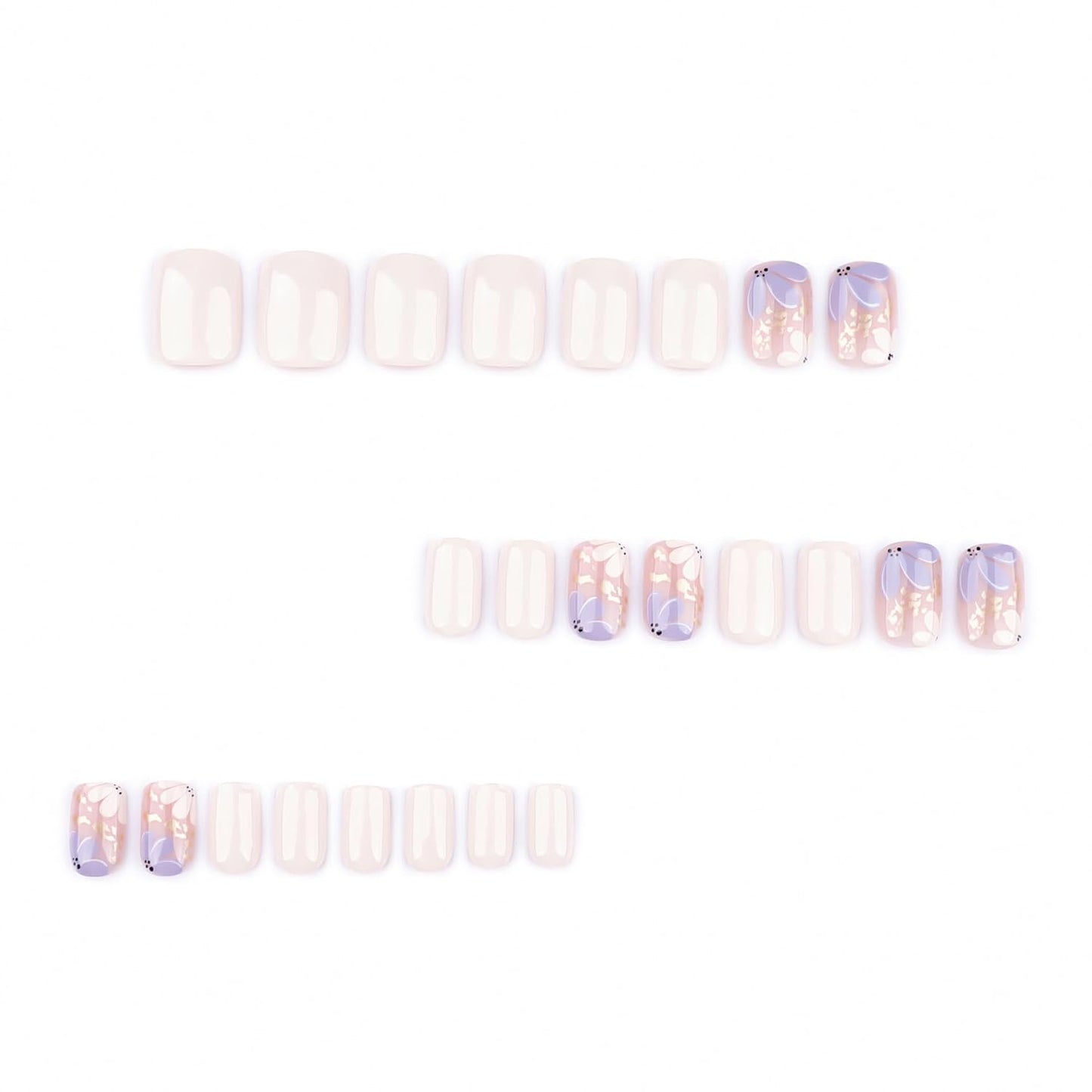 Summer Press on Nails Short Square, Beige Fake Nails with Cute Blossom and Featuring Delicate Gold-Foil Designs, Glossy Finish Acrylic Nails, Natural Reusable Glue on Nails Kit for Women, 24Pcs