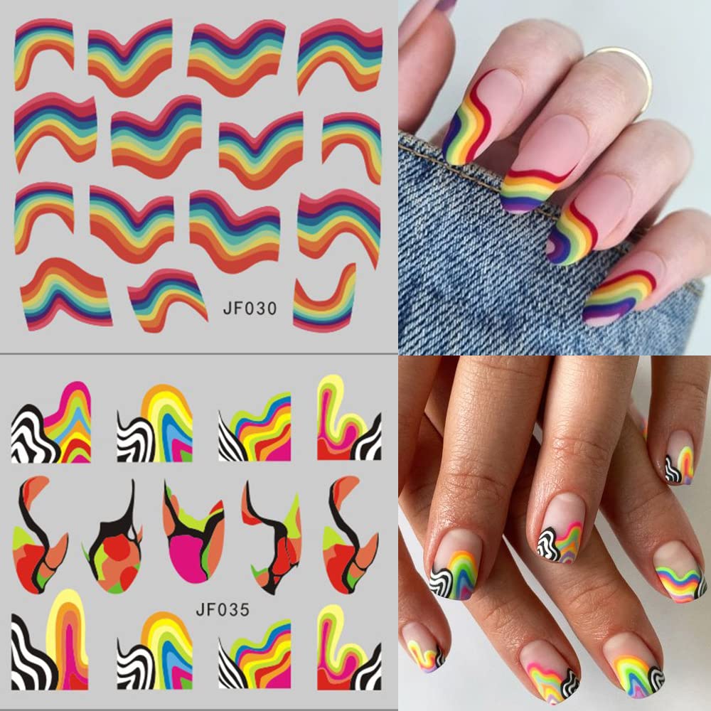 12 Sheets Colorful Stripes Nail Art Stickers Geometric Rainbow Wave Design Water Transfer Nail Decals for Nails Art Abstract French Pattern Acrylic Slider Nail Foils for Women Manicure Nail Decor