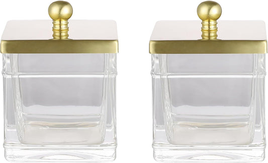 Glass Cotton Jar Holder 2 Pack– Brushed Gold Lid, Elegant Bathroom Storage Canister for Qtips, Cotton Balls, Floss, Makeup Organizer, Vanity & Bathroom Organization