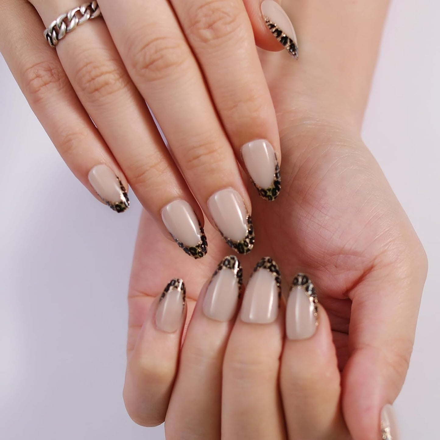 Nude Leopard French Tip Press On Nails Almond, Glossy Soft Gel Fake Nails with Nail Glue, 12 Sizes – 24PCS Thick Natural Reusable Glue On Nails for Women