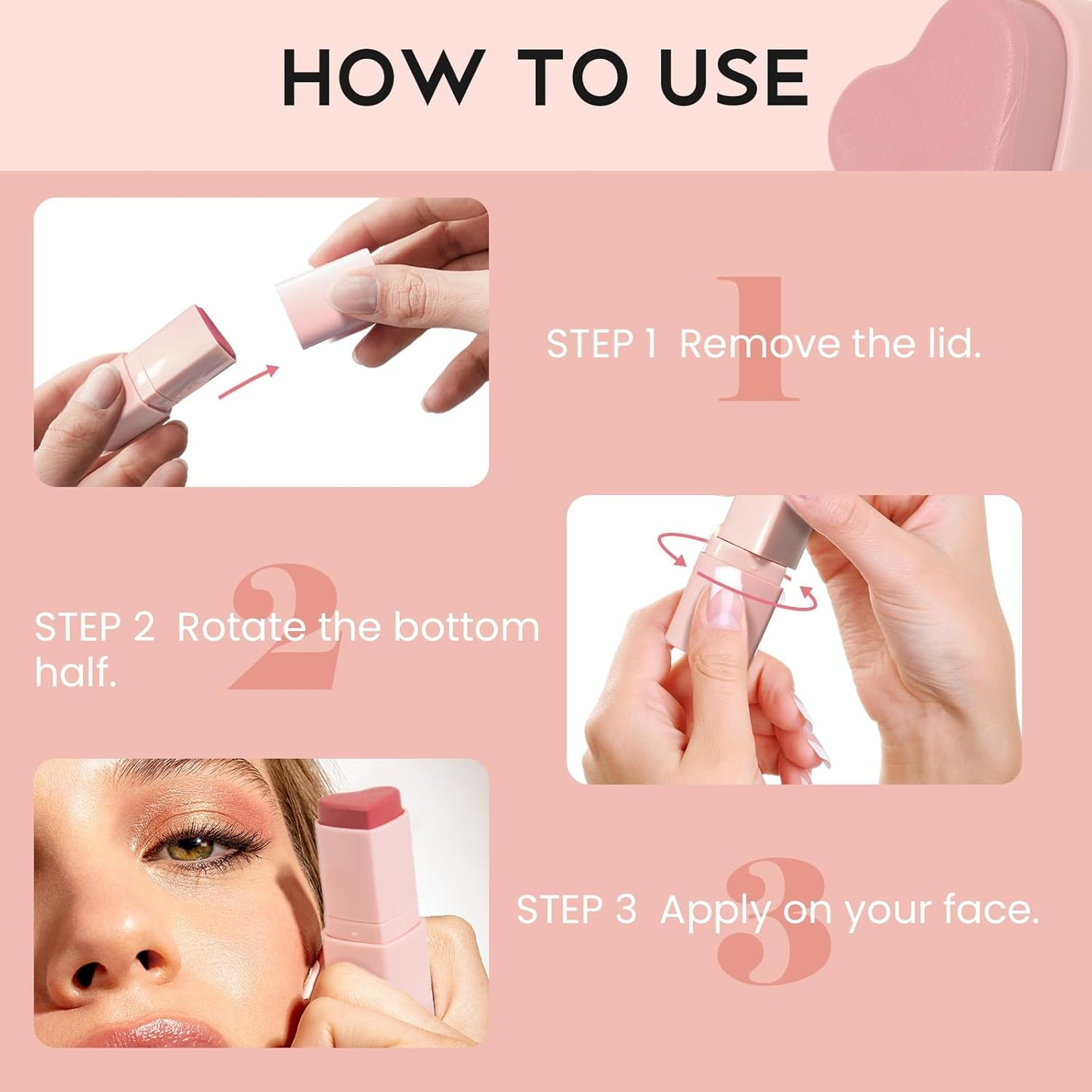 Blush Stick for Cheeks, Cream Blush with Heart-shaped, Blush Face Stick Multi-Use Lip and Cheek Tint, Waterproof Lightweight Easy to Blend Cream Blusher Makeup - Blush Him