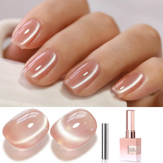 Double Rhythm 0.5 Oz Cat Eye Gel Polish with Magnet Same Color Same Bottle Holographic Glitter Shimmer Translucent Color Salon 15 ML Magnetic Nail Art (Apricot Nude-MC1166)
