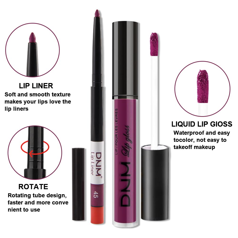 evpct 2Pcs Light Plum Purple Matte Liquid Lipstick Lip Gloss Stain and Retractable Lip Liner Makeup Set for Women Long Lasting Waterproof 24 Hours Lipstick labial mate larga duracion 24 45#