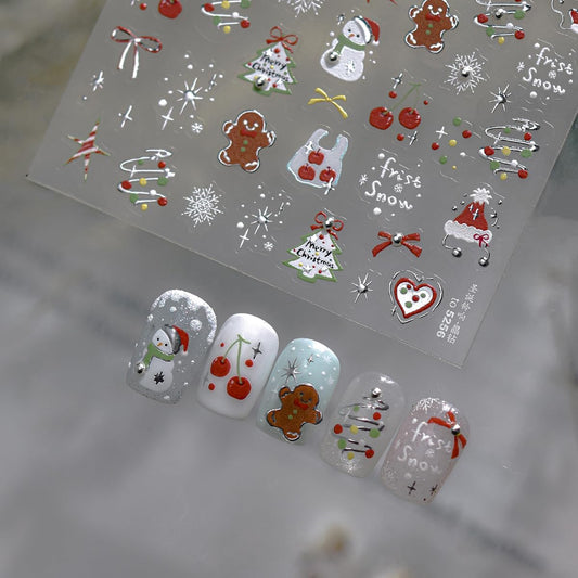 Christmas Nail Art Stickers 5D Embossed Happy Gingerbread Man Nail Stickers Snowman Xmas Light Xmas Tree Snowflake Cherry Nail Decals for Women Girls Winter Holiday Manicure DIY Nail Supplies 1 Sheet