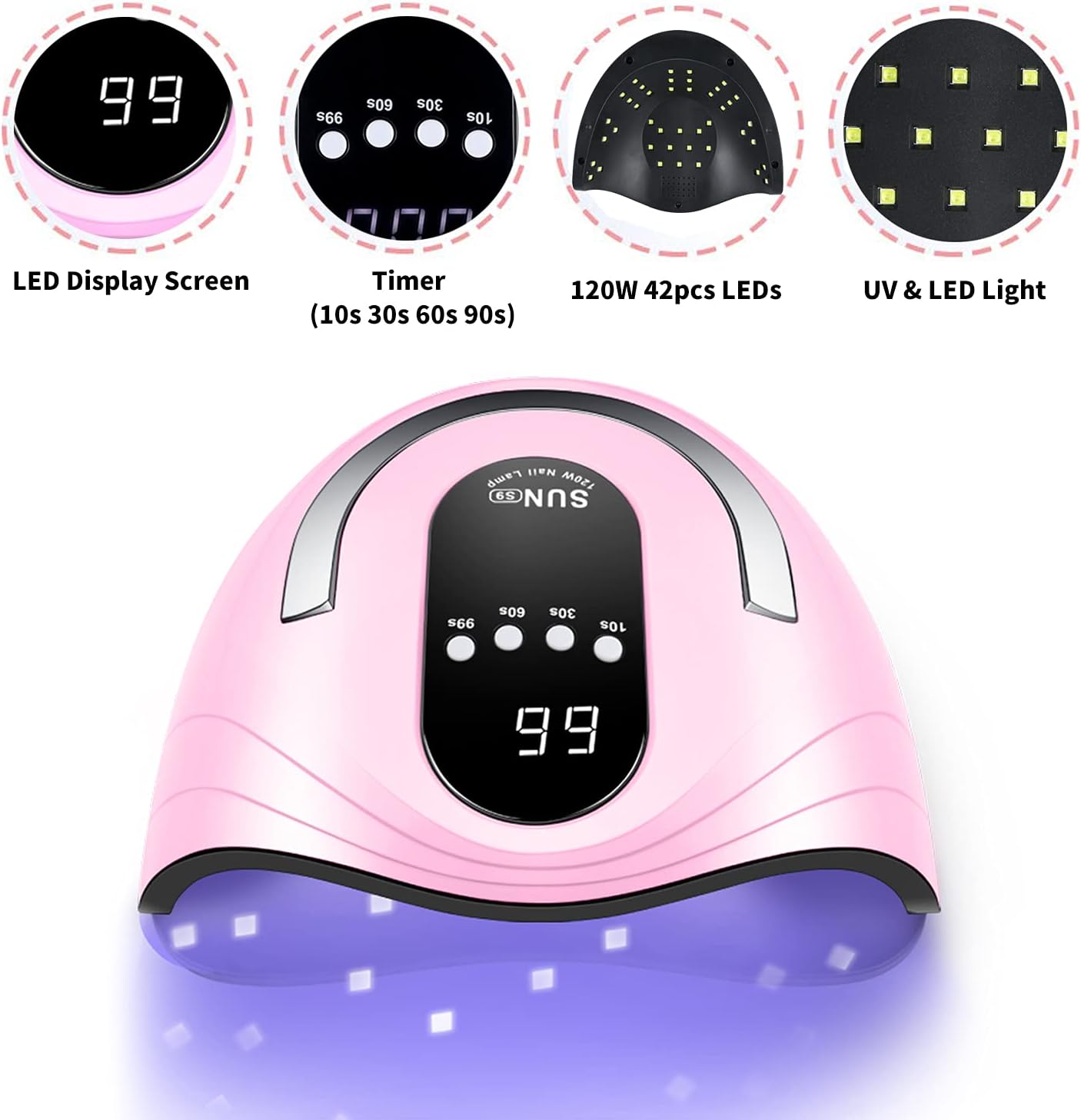 UV Gel Nail Lamp 120W LED Nail Light Fast Nail Dryer for Gel Polish Curing with 4 Timers Portable Handle Large Space Automatic Sensor(Pink)