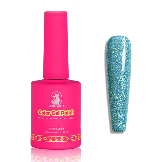 Holographic Glitter Gel Nail Polish, HEMA HPMA TPO Free, Teal Blue Sparkle Shimmer, Need UV Lamp Long Lasting Salon Perfect Gel Nail 15ML for Women (BJ-004)