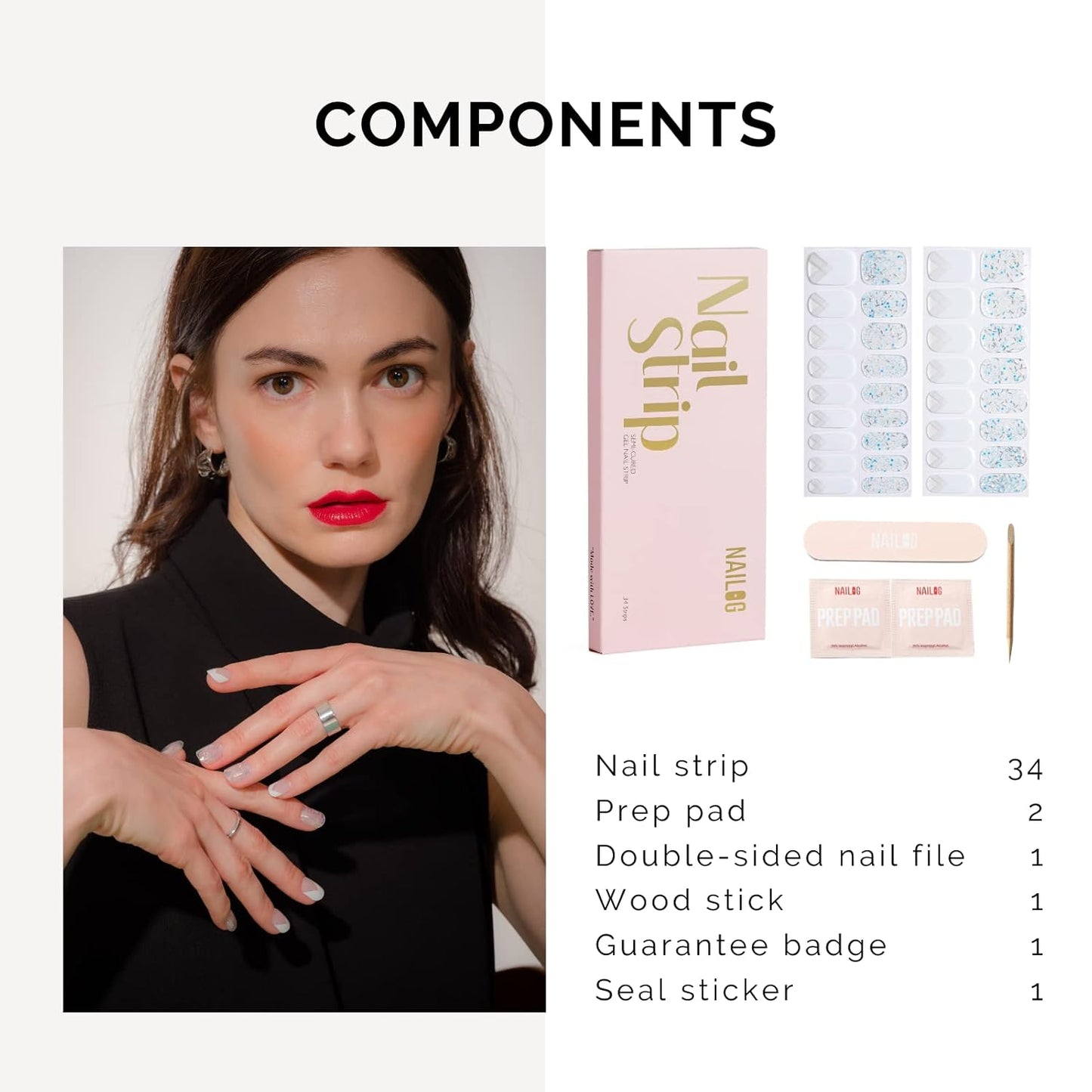 NAILOG Semi Cured Gel Nail Strips 34 pcs, Buy 2 Get 1 UV Lamp, Salon-Quality Gel Nail Stickers, Semicured Nail Wraps with Soft Gel Finish | Quartz