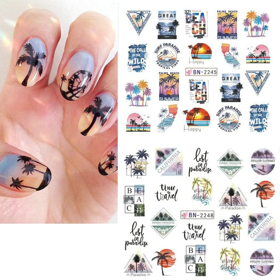 Summer Nail Art Stickers Water Transfer Summer Nail Decals for Nails Art Supplies Coconut Tree Ocean Beach Tropical Style Design Acrylic Nail Stickers for Women DIY Nail Art Accessories 12 Sheets