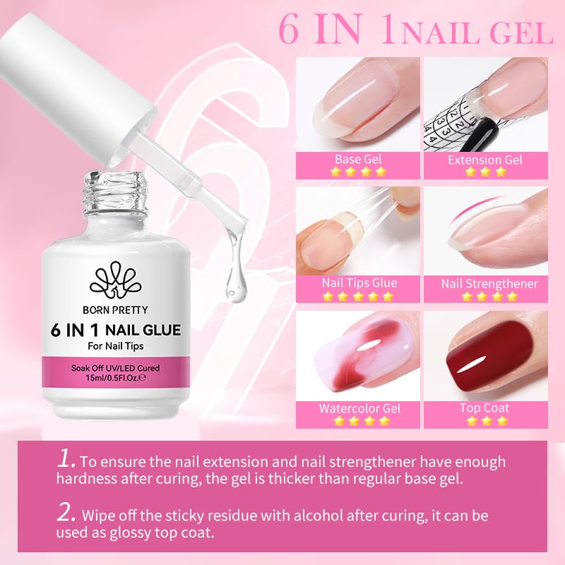 Born Pretty Nail Glue for Tips, 6 in 1 Gel Nail Gel Extension Gel,Blooming Gel,Base Gel Top Coat,Builder and Strengthener Gel for Nail Art Design