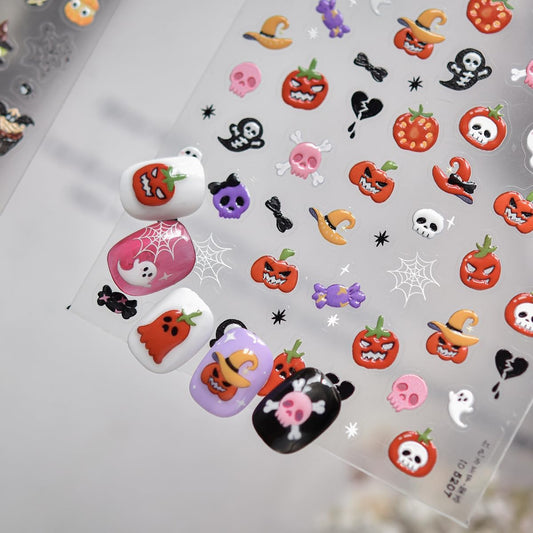 5D Halloween Nail Stickers Halloween Nail Decals Self-Adhesive Evil Tomato Pink Skull Cute Ghost Spider Web Broken Heart Nail Design DIY Holiday Nail Decorations for Women Kids Party 1 Sheet