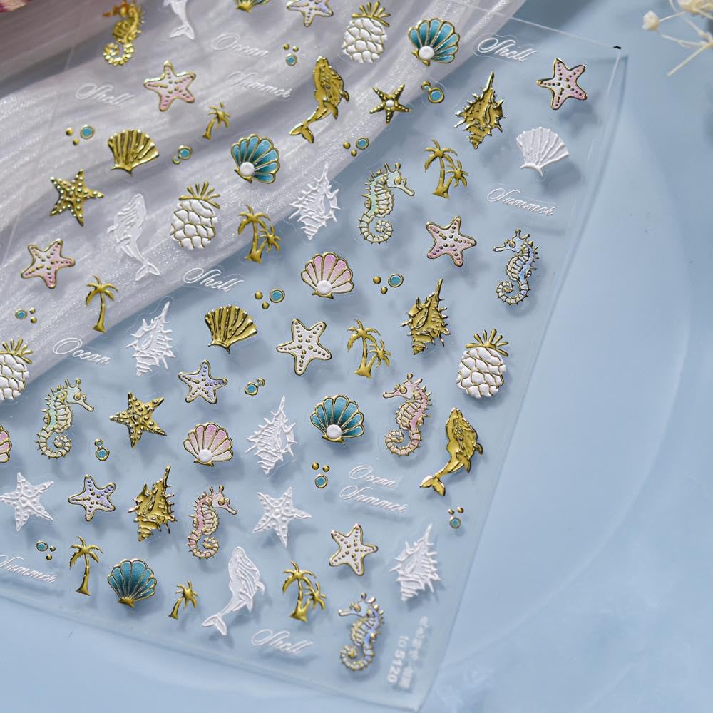 5D Embossed Ocean Nail Stickers Gold Starfish Pineapple Nail Art Stickers 3D Self-Adhesive White Dolphin Nail Designs Laser Pink Shell Summer Nail Art Decoration for Women DIY 1 Sheet