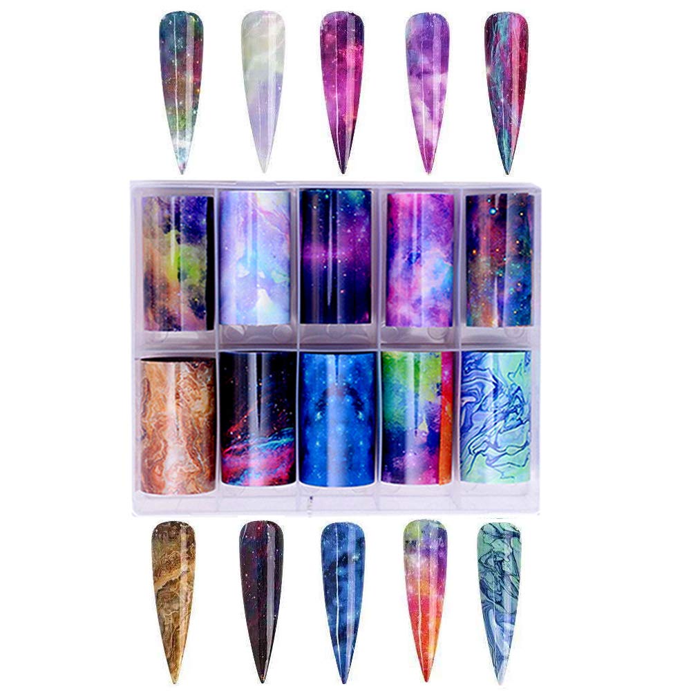 Kalolary 20 Color Starry Sky Stars Nail Art Foil with Nail Glue, Holographic Nail Art Transfer Stickers DIY Decoration, for Nail Art Salon or Home Use