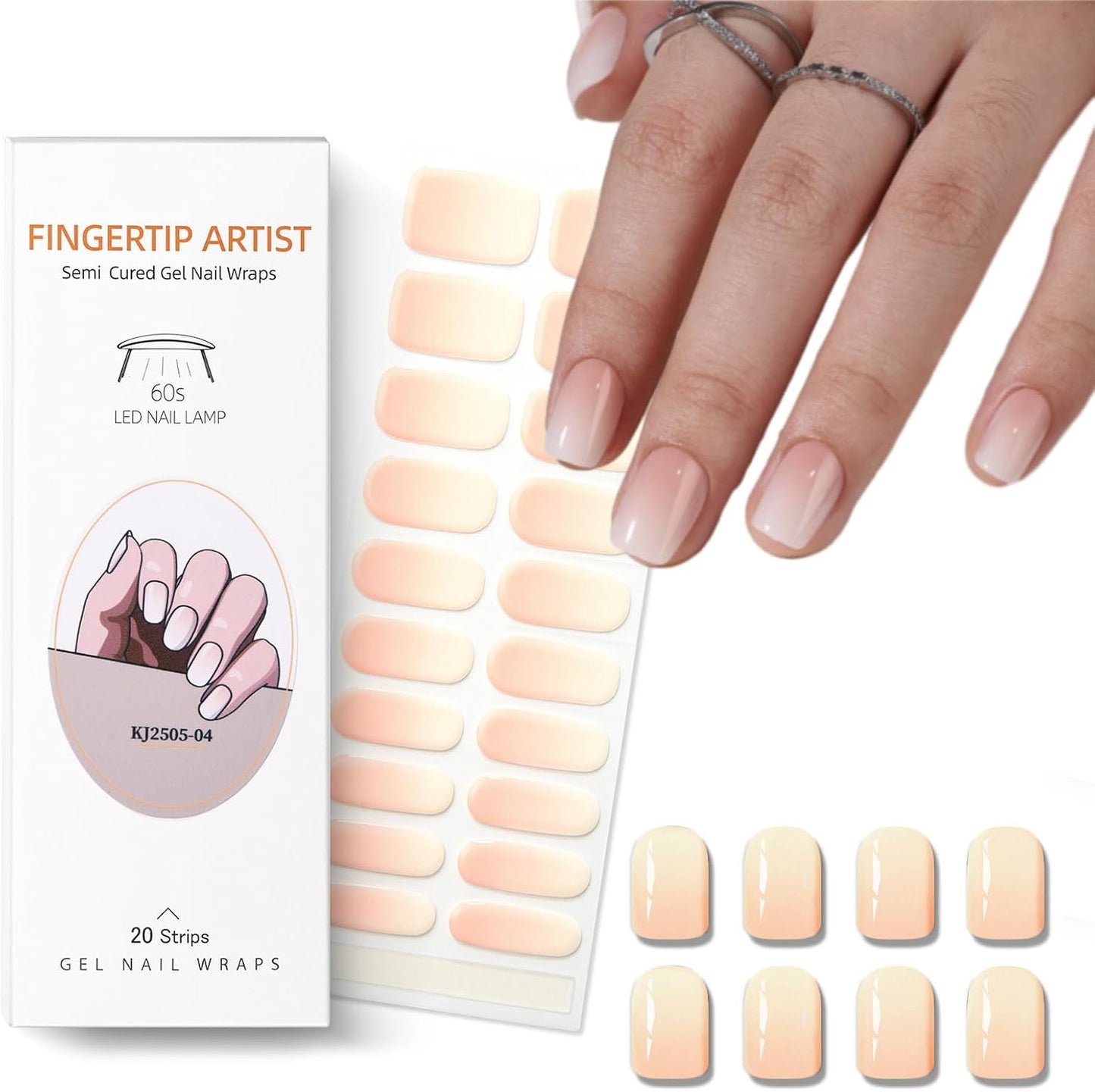Semi Cured Gel Nail Strips Nude Ombre Gel Nail Strips Glossy Stickers Wraps Need UV/LED Light Salon Quality & Easy to Use for Women 20 Pcs