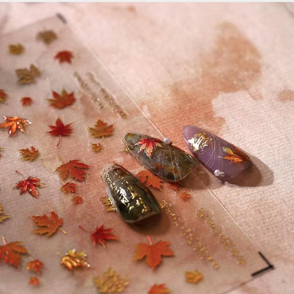 Maple Leaf Nail Stickers Fall Nail Sticker for Nails Art Gold Nail Decals with Jelly Design 5D Embossed Self Adhesive Autumn Nails Charms Decoration for Women Thanksgiving Day Manicure Accessories