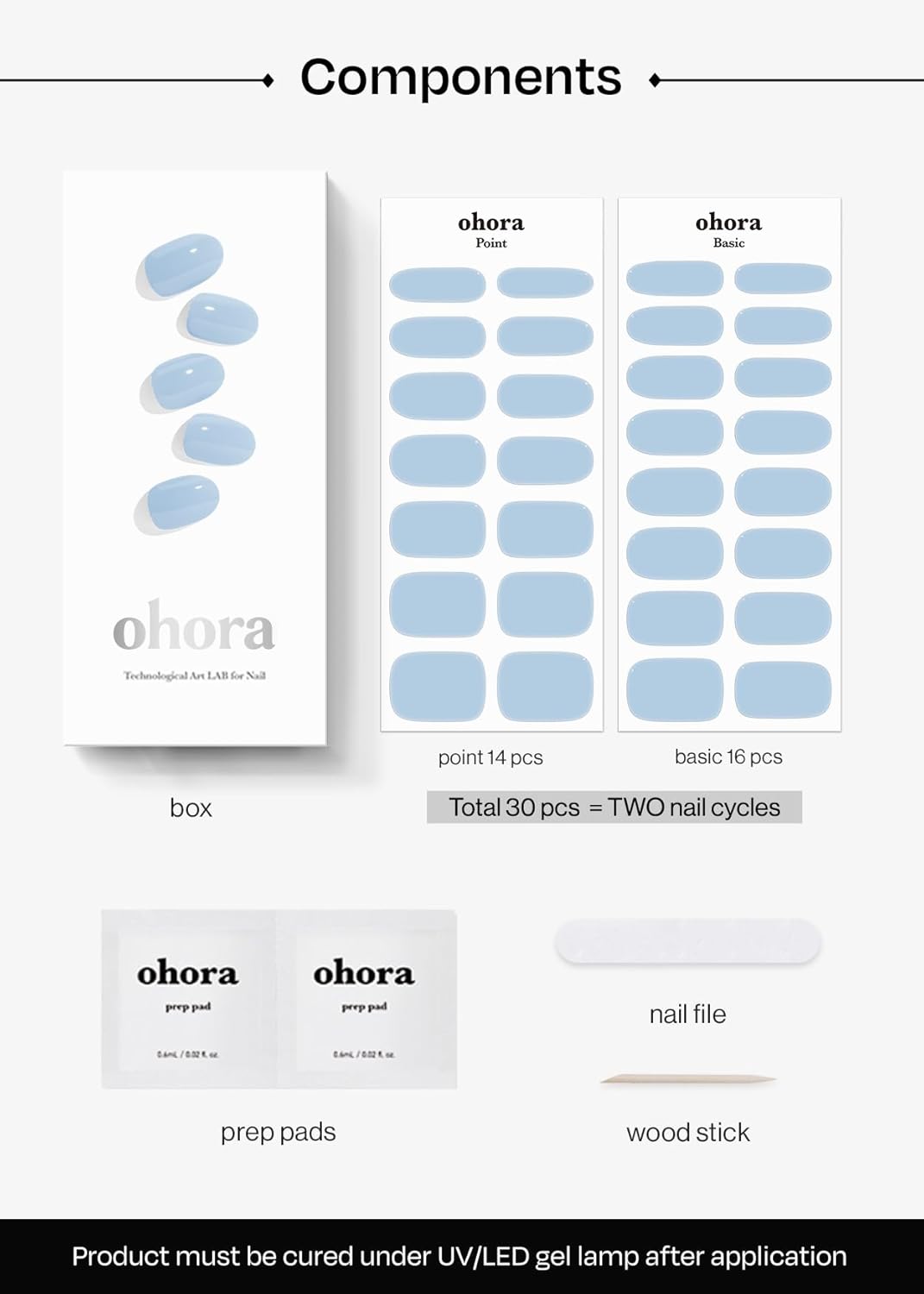 ohora Semi Cured Gel Nail Strips (N Cream Sky) - Blue, Solid, Works with Any UV/LED Lamps, Salon-Quality, Long Lasting, Easy to Apply & Remove - Includes 2 Prep Pads, Nail File & Wooden Stick