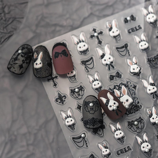 5D Embossed Bunny Nail Stickers Lovely Rabbit Nail Art White Black Nail Decals Cute Stickers for Nails Designs Self Adhesive Nail Art Supplies & Decorations for Women Girls 1 Sheet