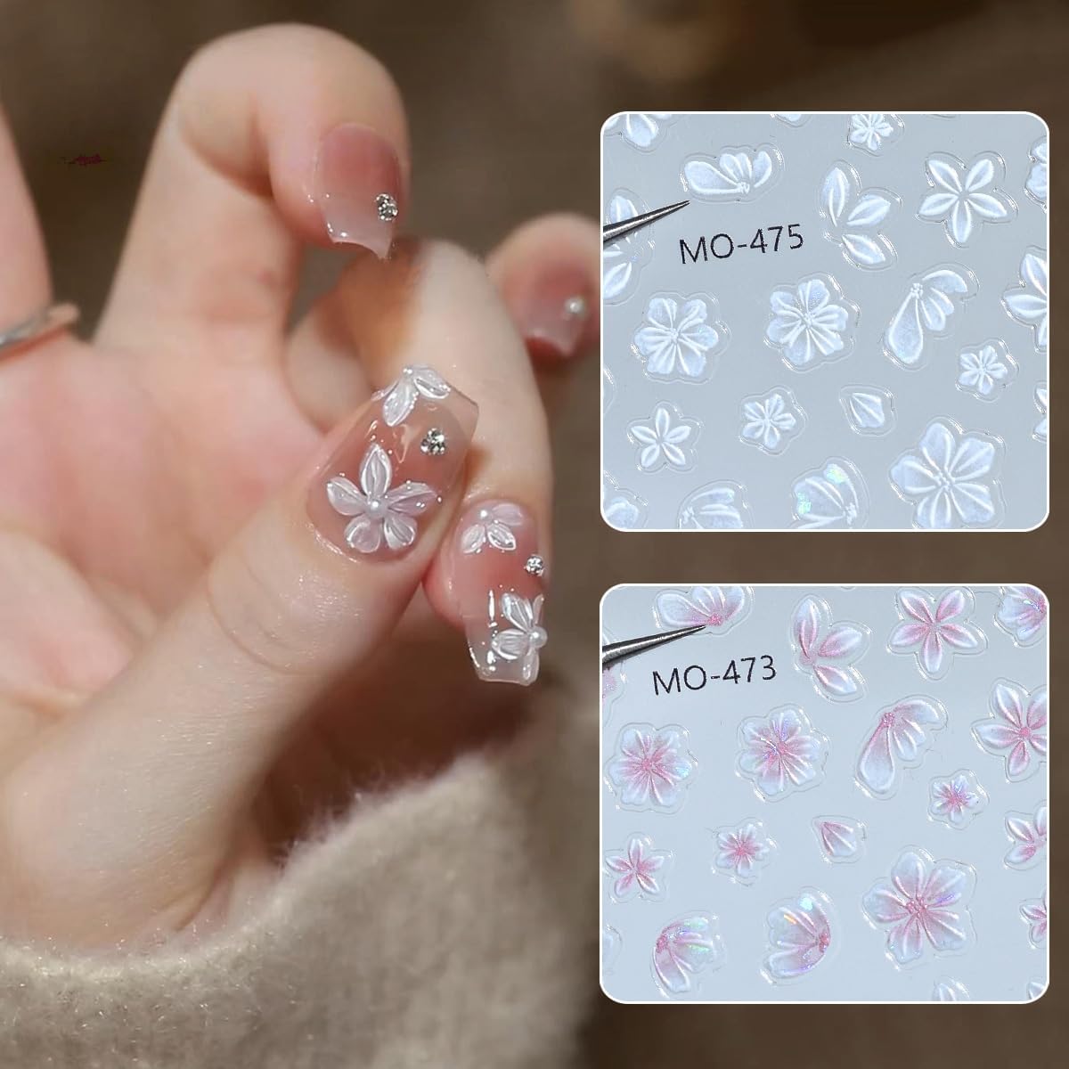 Flower Nail Stickers 6 Sheets Self-Adhesive Floral Nail Decals 5D Embossed Pink Purple White Nail Art Stickers for Women DIY Manicure Accessories Decorations