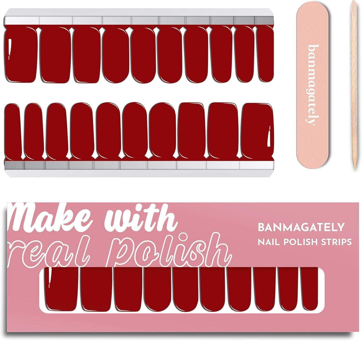 Nail Polish Strips, 20Pcs Salon Quality Gel Nail Stickers, Easy Long Lasting Wraps for Short Nails no UV Light Needed (Red)