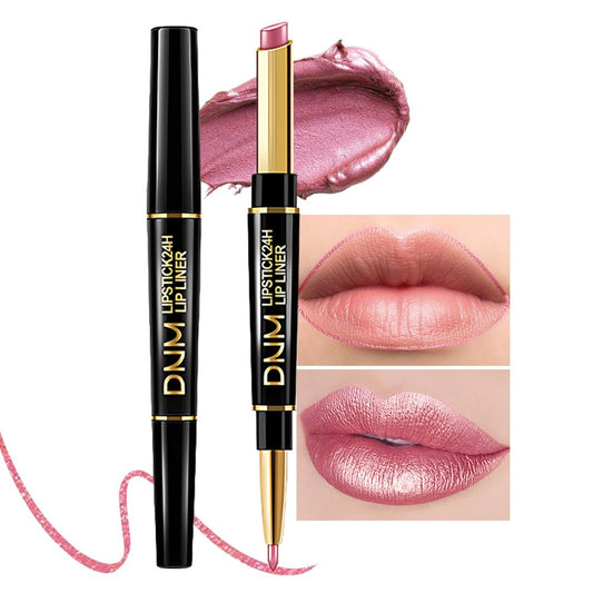 evpct 1Pcs Light Pink Pale-Pink Metallic Shine Shimmer Lip Liner and Lipstick Combo Set Kit for Women, Lightweight Hydrating Formula High Impact Full Coverage Lipstick and Lip Liner Makeup Gloss
