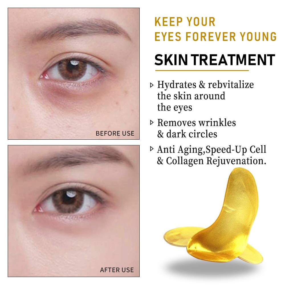 Vandarllin 24K Gold Powder Gel Collagen Eye Masks Sheet Patch, Anti Aging, for Bags,Dark Circles and Puffiness,Anti Wrinkle,Moisturising,Hydrating for Blackheads (20Pairs)