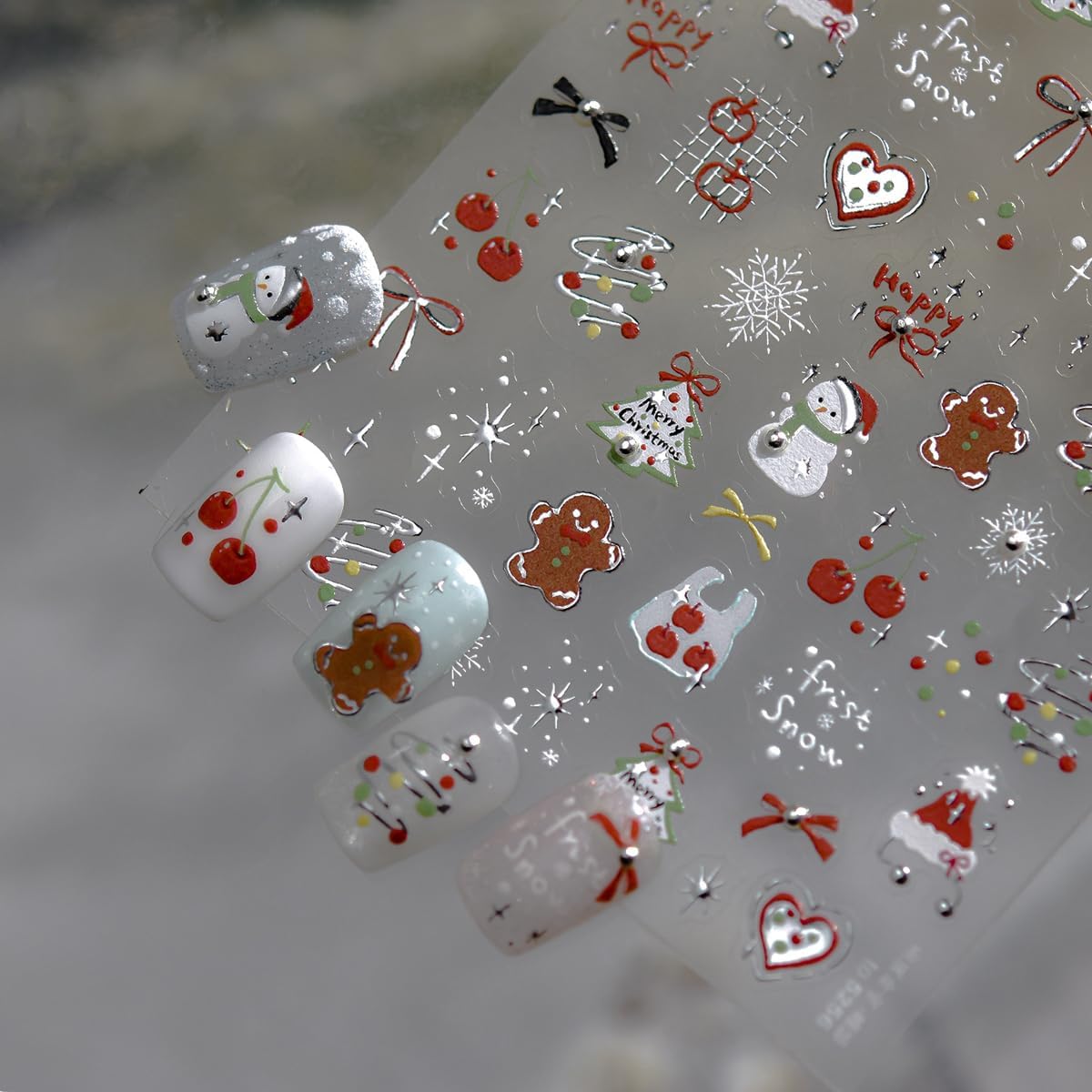 Christmas Nail Art Stickers 5D Embossed Happy Gingerbread Man Nail Stickers Snowman Xmas Light Xmas Tree Snowflake Cherry Nail Decals for Women Girls Winter Holiday Manicure DIY Nail Supplies 1 Sheet