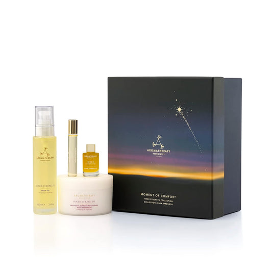 Aromatherapy Associates Moment of Comfort. Luxurious Holiday Gift Set Includes Inner Strength Bath and Shower Oil, Roller Ball, Body Oil, and Body Treatment (1 count)