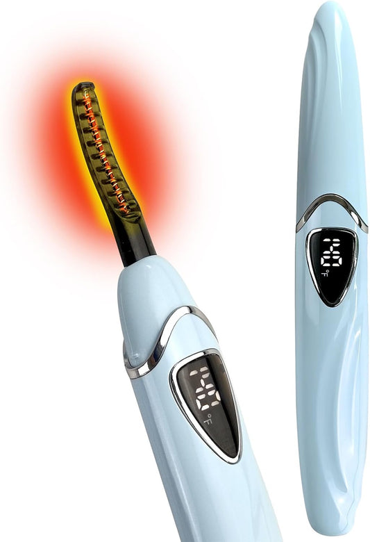 Electric Heated Eyelash Curler with LED Display, Rechargeable, Temperature Control 140°F-194°F, Natural Beauty Care for Woman (Blue+Silver)