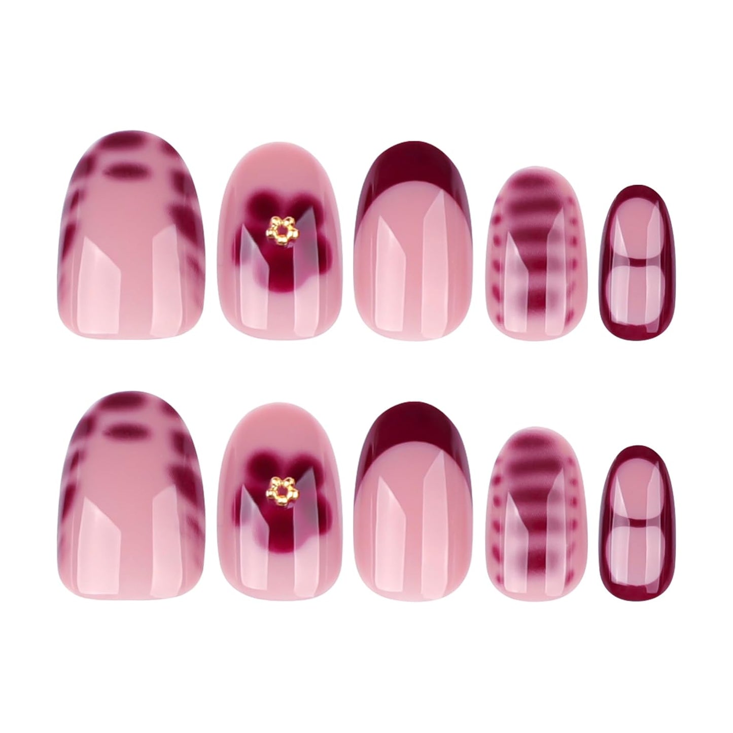Red Press On Nails Short Oval, Summer Fall Fake Nails with Red French Tips and Elegant Petal Accent Designs, Glossy Gel Finish Acrylic Nails, Thick Reusable Glue On Nails Kit for Women, 24 Pcs
