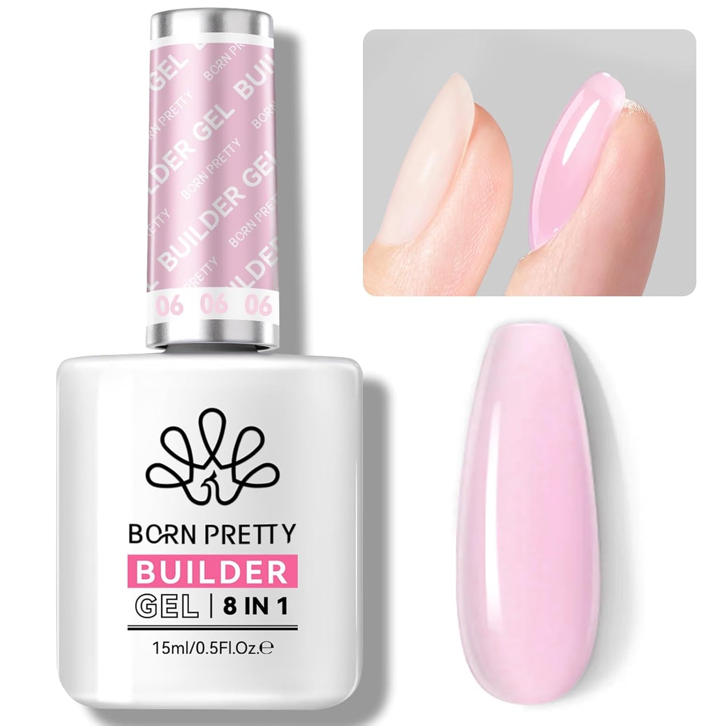 BORN PRETTY Builder Gel for Nails, 8-in-1 Milky Pink Clear Builder Nail Gel for Nail Apex and Gel Extension Strengthener, Nail GLue Gel Hard Gel Base Rhinestone Nail Glue Gel in a Bottle 15ml