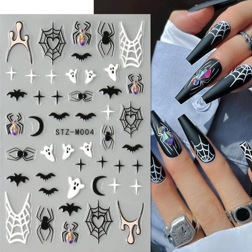 3 Sheet Halloween Nail Stickers Ghost Bat Spider Nail Decals 3D Self-Adhesive Spider Web Spooky Bat Spider Nail Art Stickers Design Gothic Nail Art Supplies for Holiday Acrylic DIY Nail Decoration