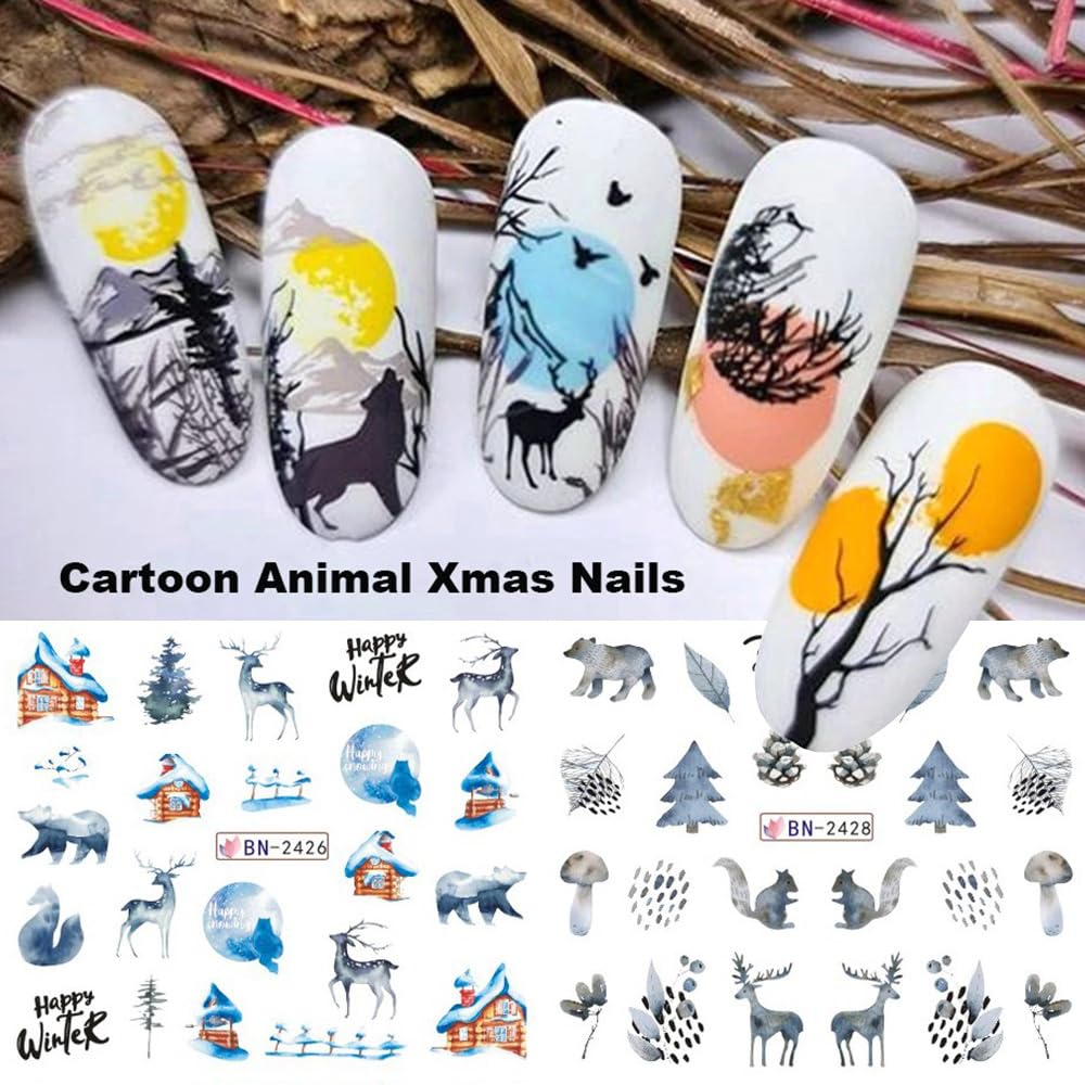 Christmas Nail Art Stickers Snowflake Water Transfer Nail Decals Winter Snow Flake Elk Cold Ice Bear Tree Nail Design Stickers for Nail Art Acrylic Watermark Nail Foils for Christmas Nail Decor 12Pcs