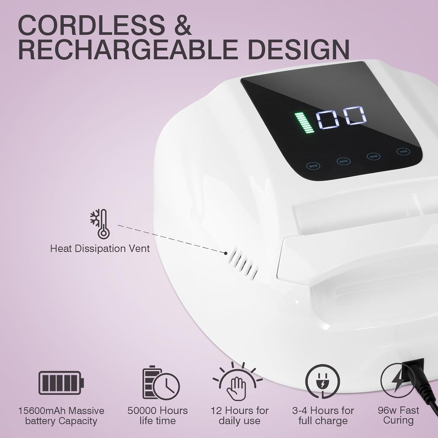 Rechargeable UV LED Nail Lamp, 96W Cordless Nail Dryer Wireless UV Gel Nail Polish Curing Light with 42 Beads LCD Smart Sensor 4 Timer Settings