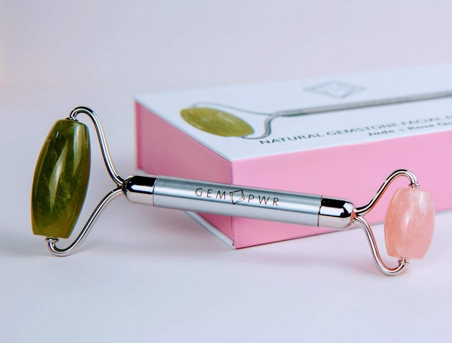 Rose Quartz + Jade Roller for Face and Neck Massage, Dual Gemstones with Durable Steel Handle and Travel Bag. Minimize Wrinkles, Reduce Puffiness and Restore Skin's Elasticity and Radiance