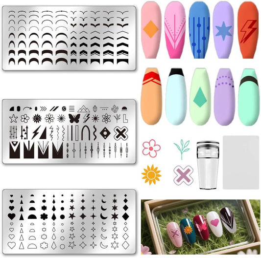 UNICRAFTALE 3Pcs Nail Stamp Plates Set French Nail Stamping Plate French Line Lace Flower Heart Design Image Nail Stencils Nail Art DIY Stamping Template with Nail Scraper for Women Nail Design Tools