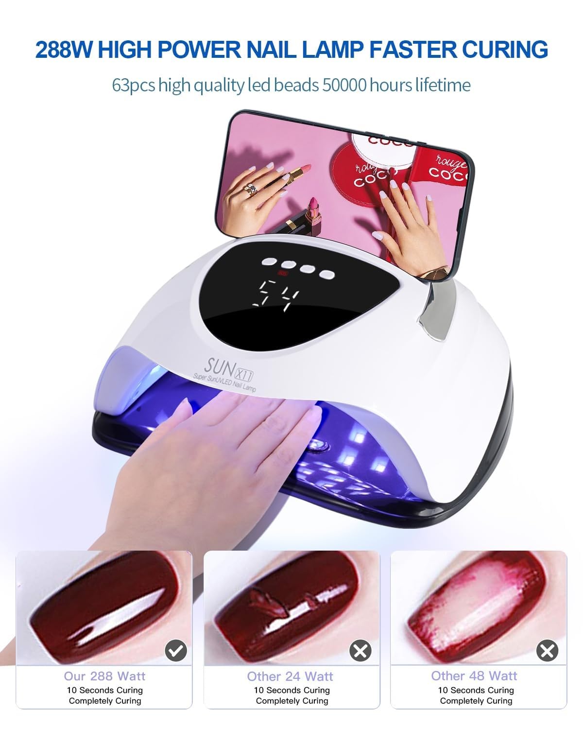 UV Nail Lamp 288W UV Light for Gel Nails Professional UV Lamp for Gel Nail Polish Nail Dryer with 63 LED Beads 4 Timer Smart Sensor LCD Display Portable Handle Fast Curing for Salon and Home
