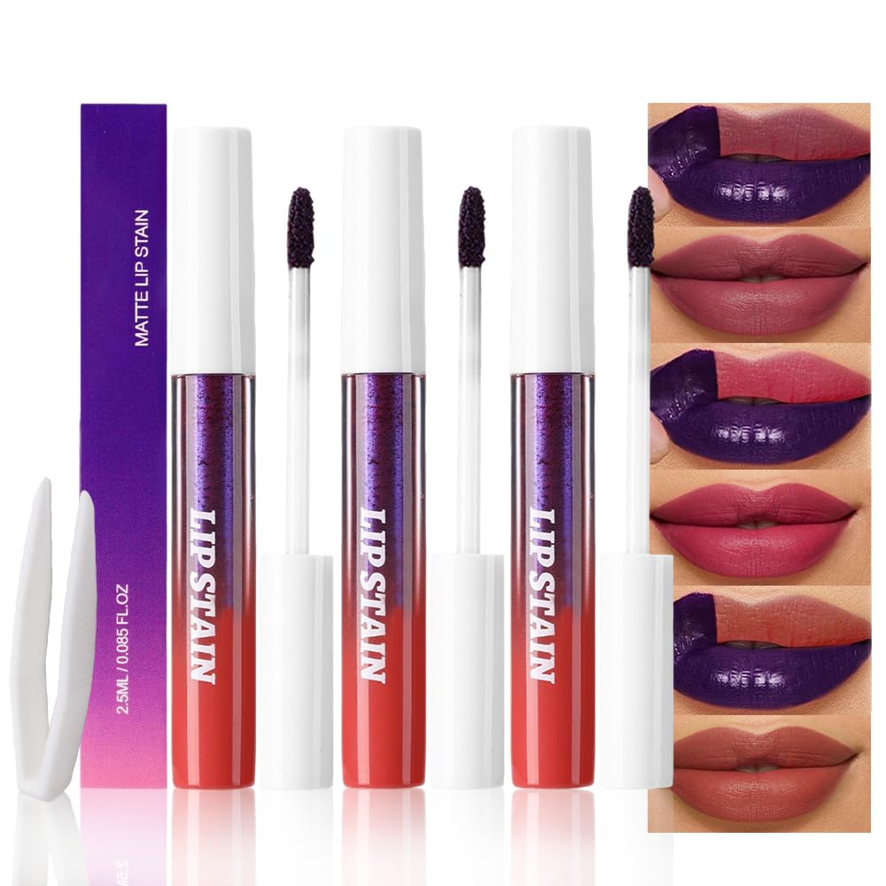 evpct 3Pcs Maroon Mauve Red Nude Brown Peel Off Lip Stain Tints, Matte Liquid Lipstick Lip Stain Long Lasting Waterproof for Women, Longwear Lipstick Peel Off Highly Pigmented Smudge-proof Easy Apply