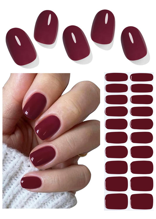Semi Cured Gel Nail Strips, 20pcs Ancora Red Gel Nail Stickers UV, Wine Red UV Wraps for Home Nails DIY
