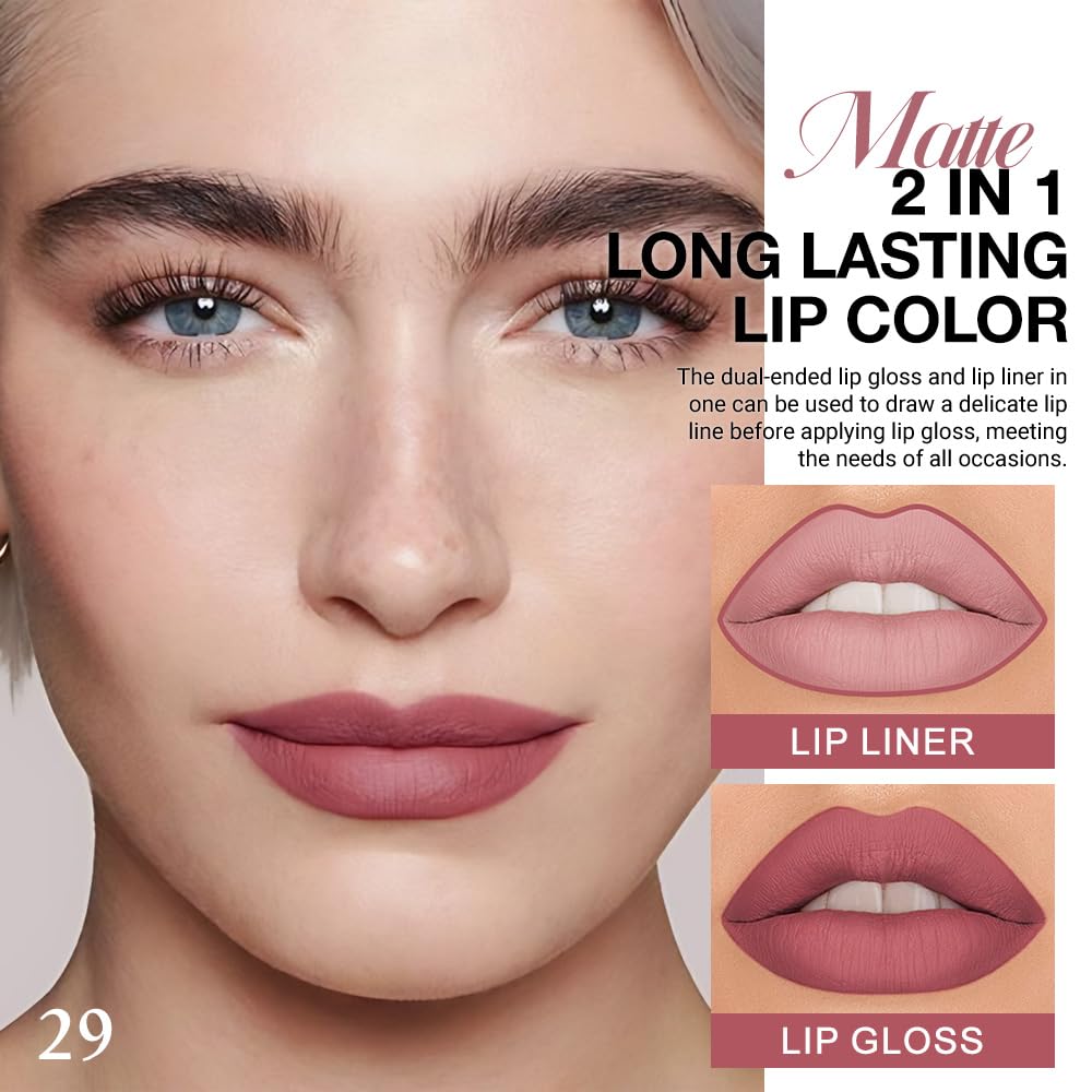 evpct 1Pcs Antique Rose Matte Lip Liner and Liquid Lipstick Stain Makeup Set for women, Nude Pink Long Lasting Smudge Proof Lipstick labiales matte mate larga duracion listip 24 hours originales, 29#