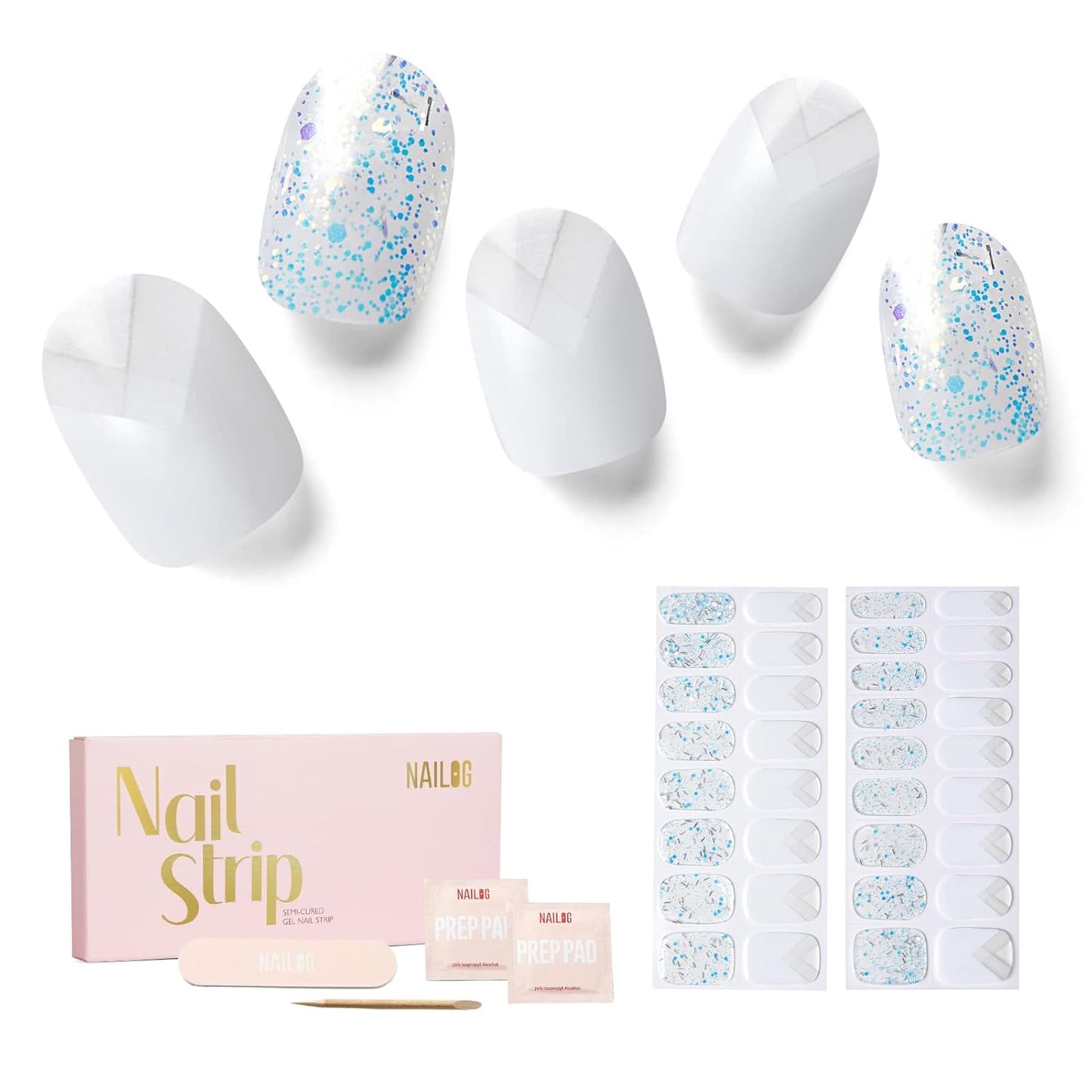 NAILOG Semi Cured Gel Nail Strips 34 pcs, Buy 2 Get 1 UV Lamp, Salon-Quality Gel Nail Stickers, Semicured Nail Wraps with Soft Gel Finish | Quartz