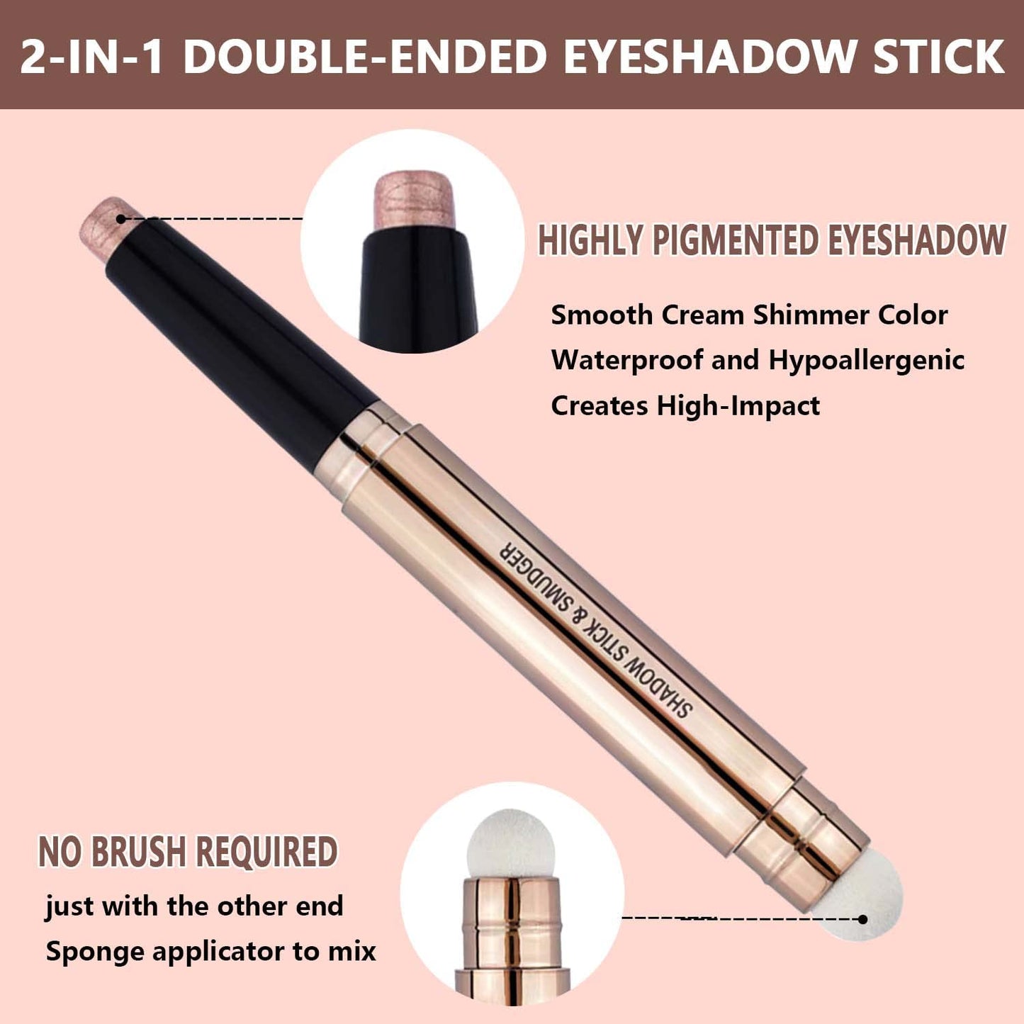 2 in 1 Eyeshadow stick and Sponge Makeup Brush, Brown Smooth Cream Shimmer Shadow Pencil Long Lasting Waterproof Eye Shadow Highlighter Stick Makeup , Hypoallergenic Eyeshadow, Highlighter Eye Liner